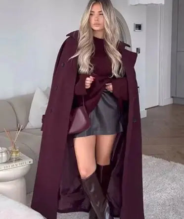 Crimson Chic Lapel Overcoat