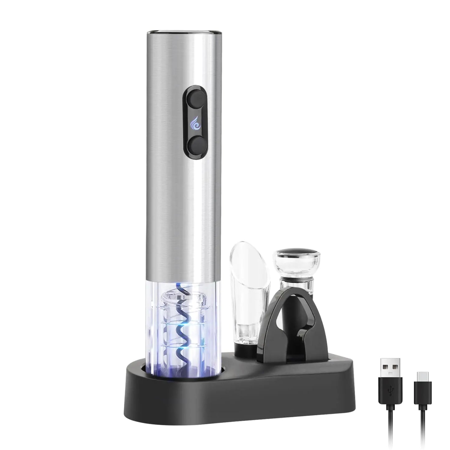 ELMWAY Electric Wine Opener Set Rechargeable Wine Bottle Opener with Base/Wine Aerator Pourer/Foil Cutter/Wine Stopper/LED Indicator Wine Corkscrew Remover Automatic Wine Opener Gift (Silver)