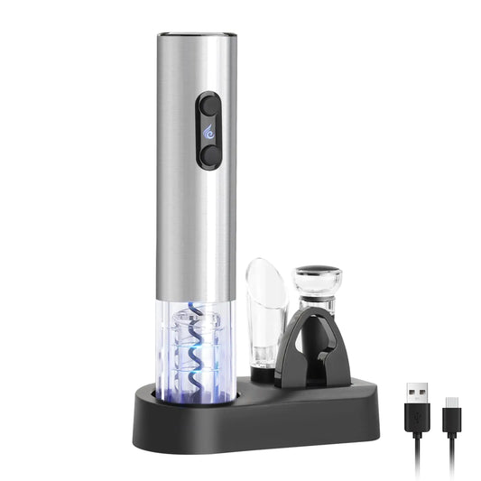 ELMWAY Electric Wine Opener Set Rechargeable Wine Bottle Opener with Base/Wine Aerator Pourer/Foil Cutter/Wine Stopper/LED Indicator Wine Corkscrew Remover Automatic Wine Opener Gift (Silver)